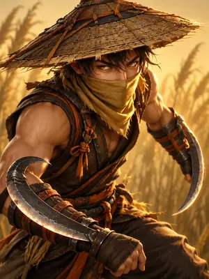 Ludo Chaff bertopi jerami dengan dua sabit